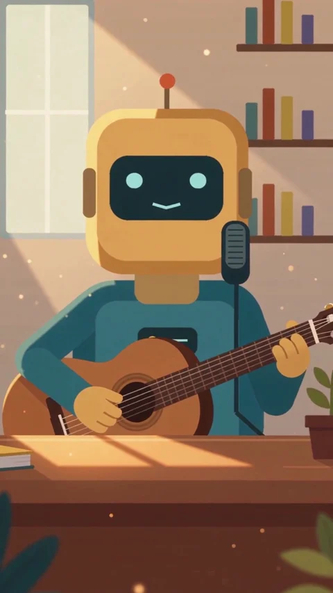 An original fictional robot performing with a guitar, from our real generated video